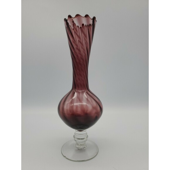 EMPOLI Italian Optic Art Glass Purple Amethyst Vase Twisted Stacked Stem Footed - Picture 1 of 12